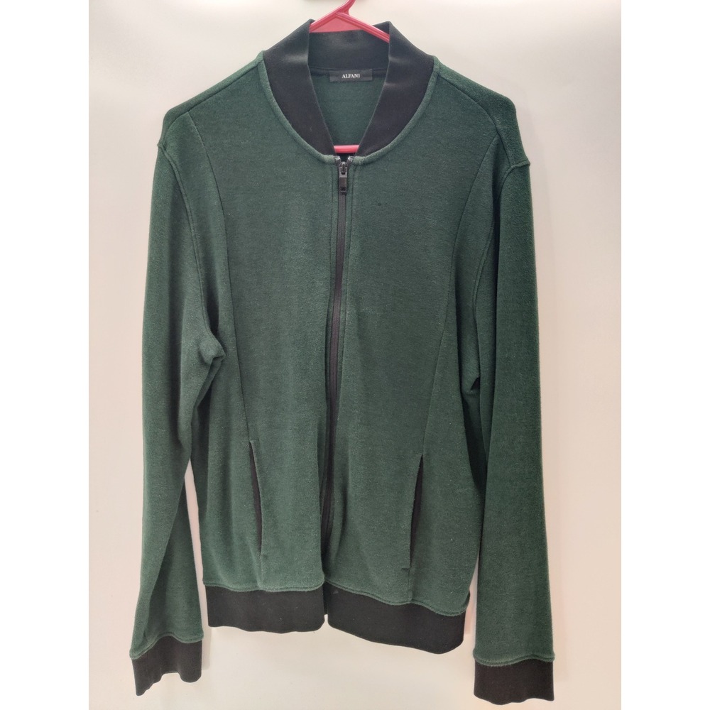 Alfani Mens Full Zip Bomber Jacket Green Black‎ 100% Cotton Textured Knit Size M